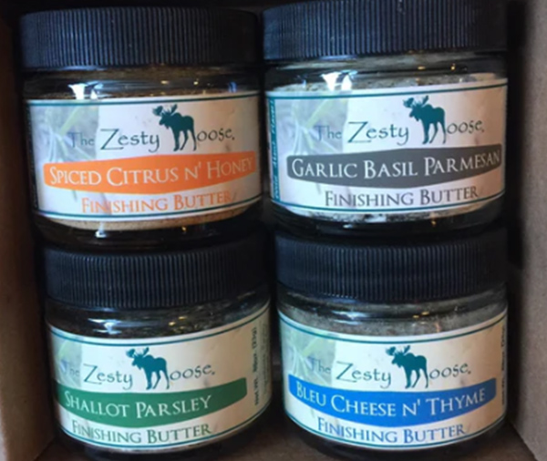 <b>Gourmet Finishing Butters Gift Set:</b> Shallot Parsley, Bleu Cheese n’ Thyme, Spiced Citrus n’ Honey and Garlic Basil Parmesan Finishing Butters. Color recipe cards included with each box.