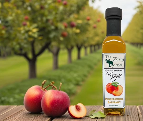 <b>Peach Golden Balsamic Vinegar:</b> Our White Peach Balsamic Vinegar is aged in oak barrels. The peaches are picked perfectly ripe, crushed and left to ferment naturally, then added to the vinegar to finish fermentation and aging producing a sweet and fruity vinegar. When paired with olive oil we recommend the Artisan Blend that produces a fantastic flavor as a dressing. Pair it with our Citrus Olive Oils, Meyer Lemon, Mandarin Orange, Persian Lime and even the Jalapeno Olive Oil for a flavorful vinaigrette or marinade for chicken and shrimp. Try it on grilled peaches or sparkling water for a refreshing twist! A fantastic topping for ice cream.