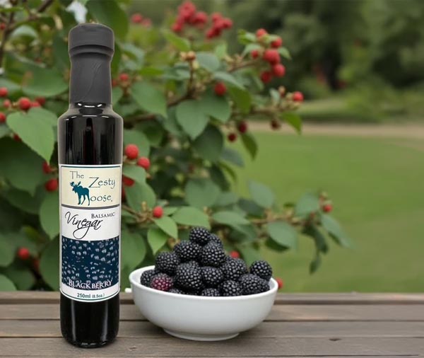 <b>Blackberry Balsamic Vinegar:</b> This award winning California Balsamic is aged 4-5 years. Made with farm grown fresh blackberries, organic kiwi, citrus, ginger, chili and proprietary spices to create a rich smooth and sweet finish. This balsamic is great on all types of greens and fruit salads and can be used as a marinade for steaks, chicken, pork, venison and duck. It pairs incredibly well with our Basil Infused, Garlic Infused or Persian Lime Olive Oil. 250ml (8.5 oz)